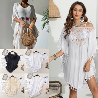 [พร้อมส่ง] เสื้อคลุมชุดว่ายน้ำสไตล์โบโฮ เสื้อคลุมถักแต่งพู่ …