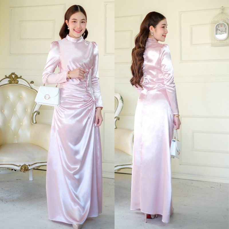 [Sale 20%] FN4209 : ชุดราตรีอิสลาม ชุดไปงานทรงวินเทจ คอปีนแขนยาว