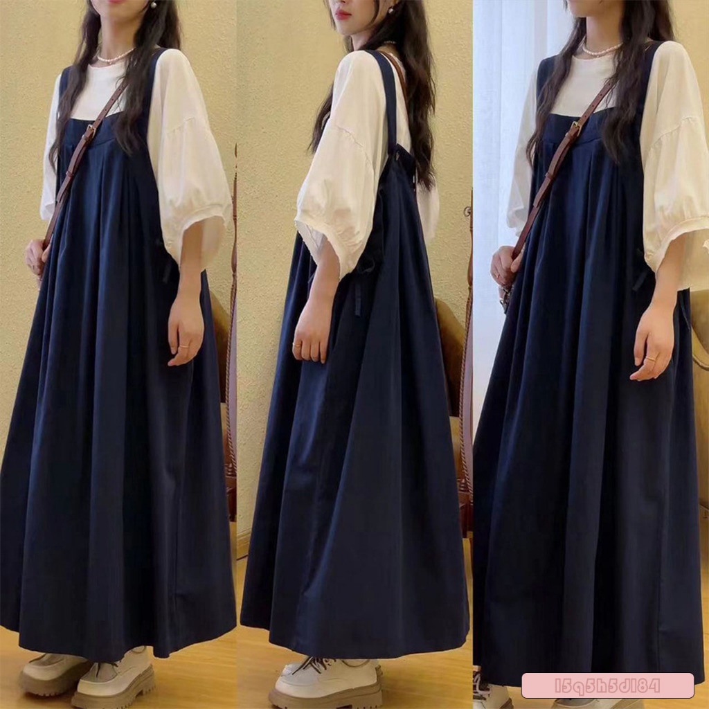 New🌞 ชุดเช็ต 2 ชิ้น เสื้อแขนตุ๊กตา+เอี๊ยมกระโปรงยาว สไตล์วินเทจ สีพื้น แฟชั่นสไตล์เกาหลี(ขายแยกชิ้น)