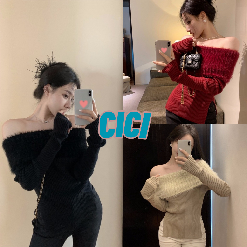 ส่งทันที Cici(NO. Z29801)เสื้อเเขนยาวไหมพรม ปาดไหล่ ดีเทลแต่งขนมิ้ง แหวกข้าง สไตล์ฝรั่งเศษ