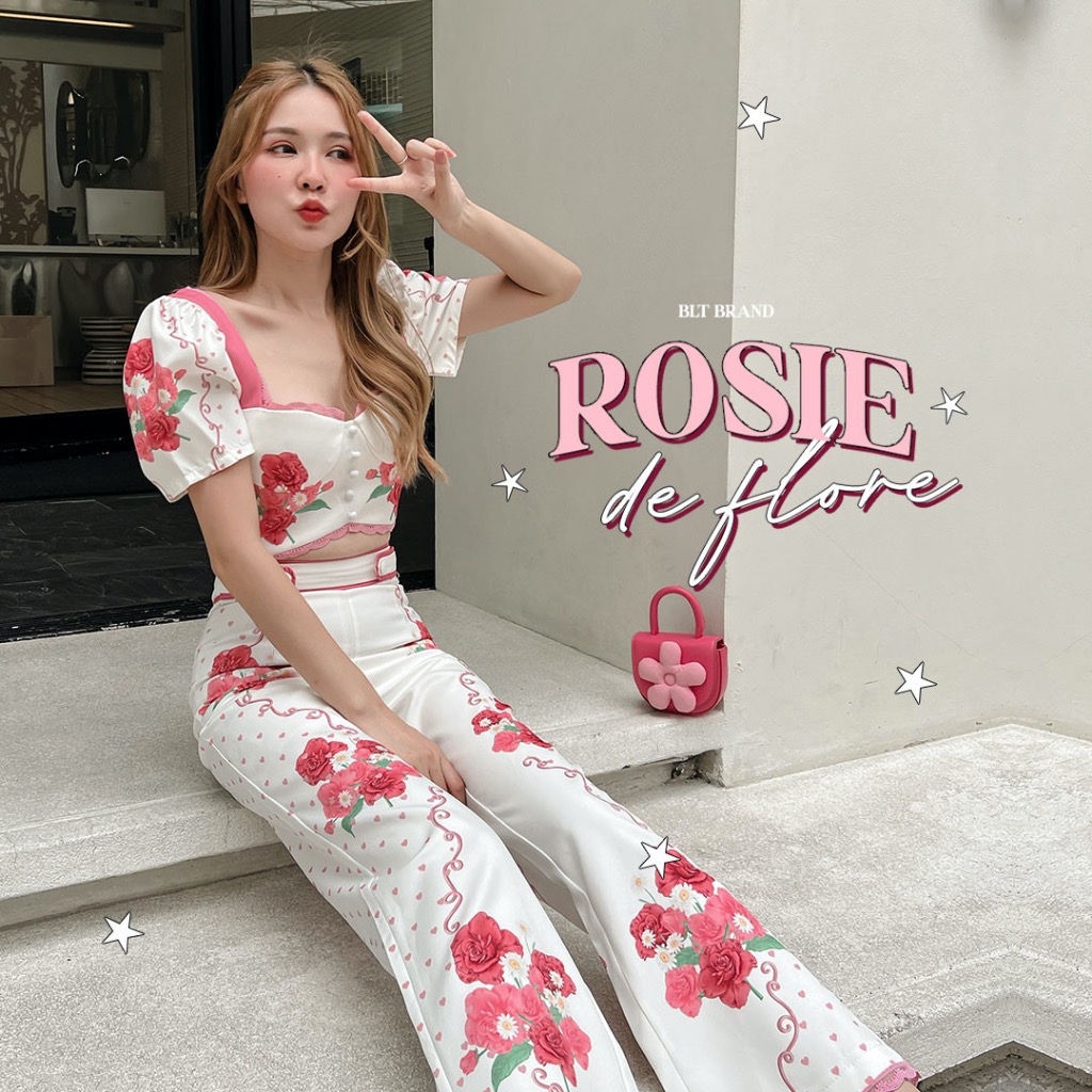 MYT x BLT BRAND : [BT186] : Rosie de flore : Set เซ็ทกางเกงขายาวสีขาวลายช่อดอกกุหลาบ