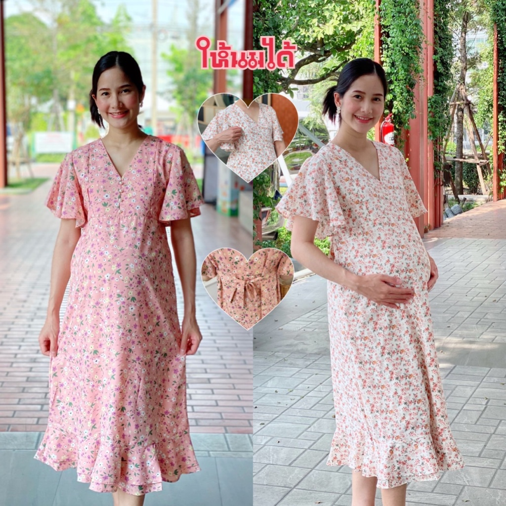 ( ไม่ต้องรีด + มีซับใน + ให้นมได้ ) ชุดเดรสคลุมท้อผ้าไหมอิตาลี  BD1062