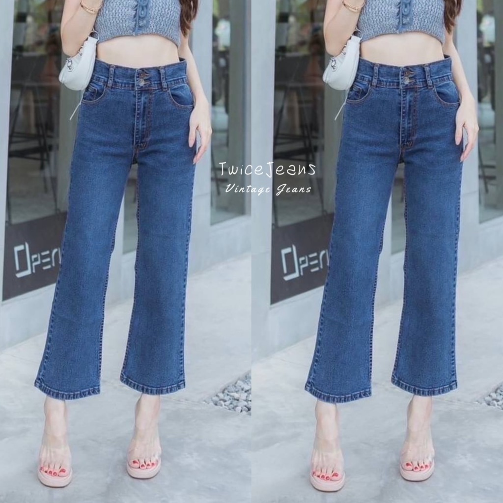TwiceJeans มี Bigsize S-5XL ยีนส์ทรงกระบอก วินเทจ ผ้ายืด กระดุมคู่ เอวสูง ขาเต่อ สีเข้ม