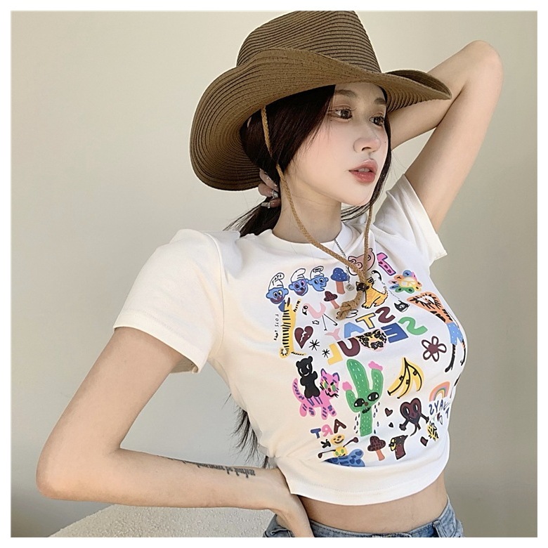 พร้อมส่งในไทย เสื้อยืดสกรีนลายการ์ตูน คอกลม ผ้าโพลีY66
