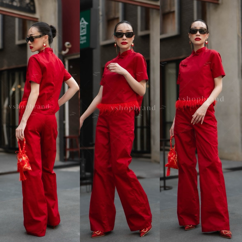 📌ทักก่อนสั่ง📌S-XL เฉพาะ เซทผู้หญิง 0102 ชุดเซท2ชิ้น ตรุษจีน เสื้อคอจีน  แต่งชายขนนก+ กางเกงขายาว VSM