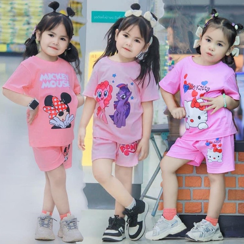 ชุดเซ็ทรุ่นสีพื้น เสื้อแขนสั้น+กางเกงขาสั้น ชุดเด็ก ลายการ์ตูน ผ้าCotton100%
