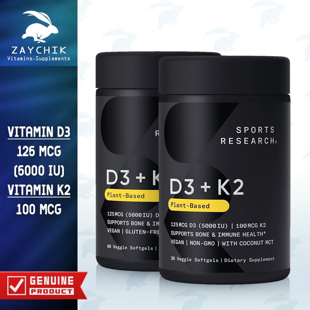 [พร้อมส่ง] Sports Research Vitamin D3 + K2 Plant-Based D3 125mcg[5000IU] + K2[MK-7] 100 mcg Vegan วีแกน [ZAYCHIK]