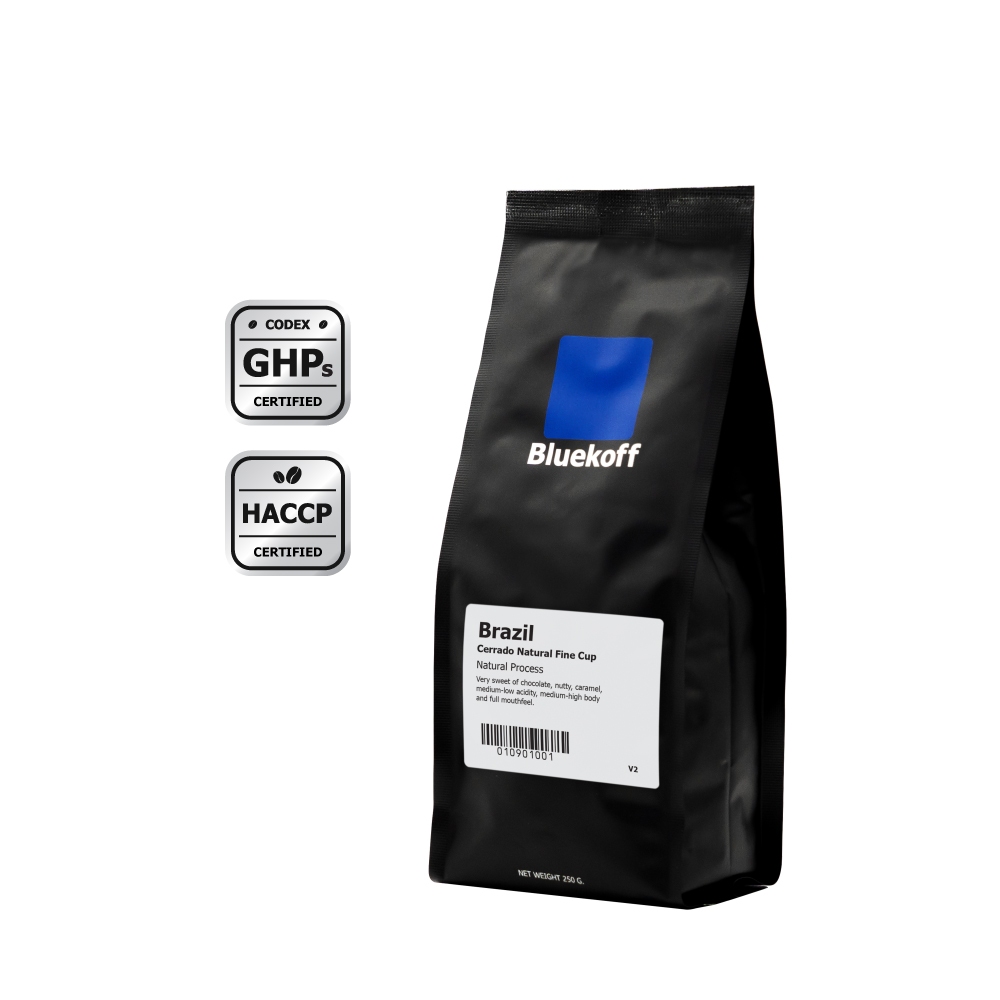 Bluekoff เมล็ดกาแฟ Brazil Cerrado Natural Fine Cup เมล็ดกาแฟคั่วอาราบิก้า100% (1 ถุง บรรจุ 250 กรัม)