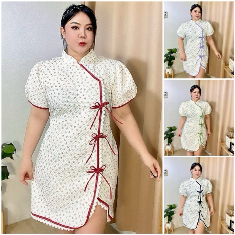 เดรสสาวอวบ คอจีนลายดอก เดรสตรุษจีน อก 40-50“ หน้าผ้า 52”