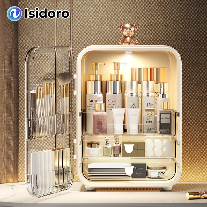 Isidoro กล่องเก็บเครื่องสำอาง จำแนกการจัดเก็บ ความจุขนาดใหญ่พิเศษ กันน้ำและกันฝุ่น ไฟLED ตู้แต่งหน้า