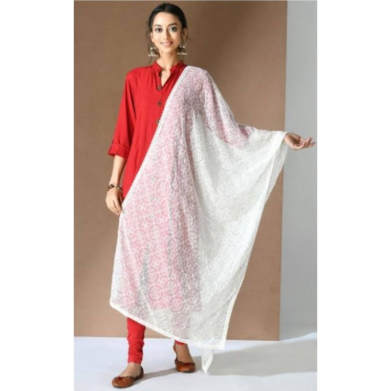 ดูปัตตาสีขาวอินเดีย ชุนนี ผ้าพันคอผ้าฝ้าย indian white dupatta,chunni,scarf in cotton fabric