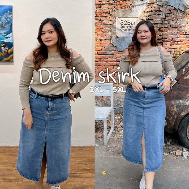 (มีโค้ด-50%ลด150)[2XL-5XL] กระโปรงยีนส์ยาว สาวอวบ ผ่าหน้า - Denim skirt