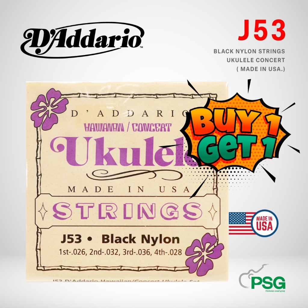 D'Addario : J Nylon Strings Ukulele Conc53 Blackert ( MADE IN USA.)  โปร 1 แถม 1