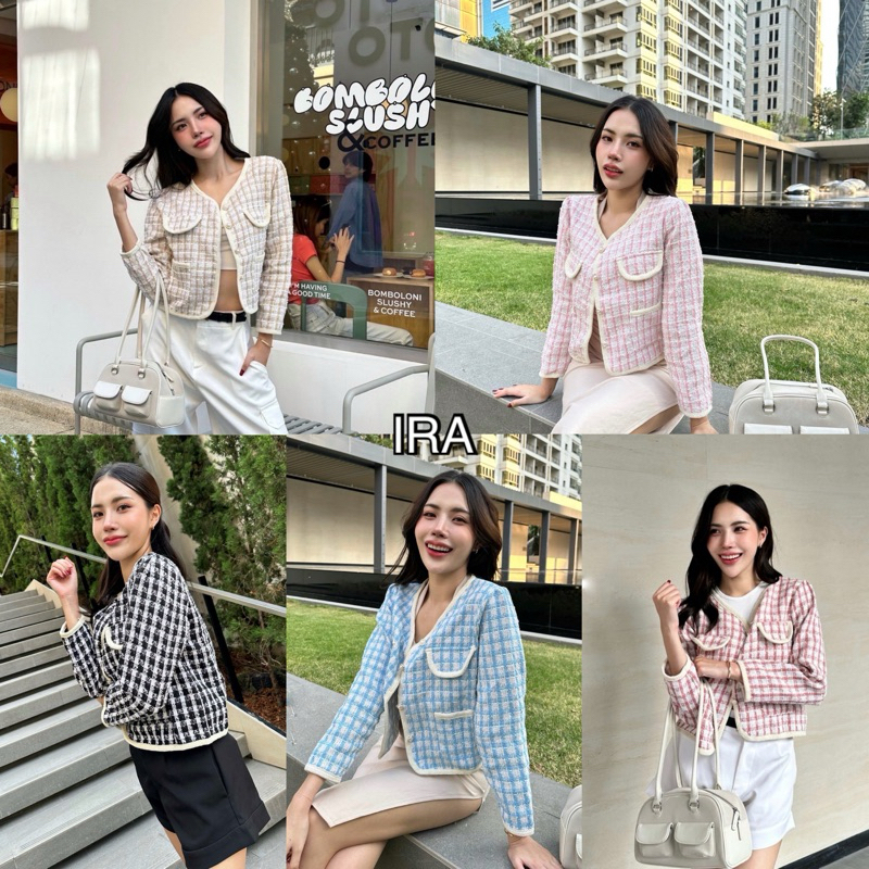 BY IRA (9389-2)Tweed Cardigan พร้อมส่ง เสื้อคลุมผ้าทวีต คอวี ลายสก๊อต ทรงสวยแพตเทิร์นเป๊ะ