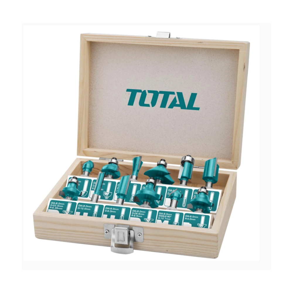 Total ดอกเราเตอร์ 12 ตัวชุด ในกล่องไม้ แกน 1/4 นิ้ว รุ่น TACSR0104121 – โปรปัง