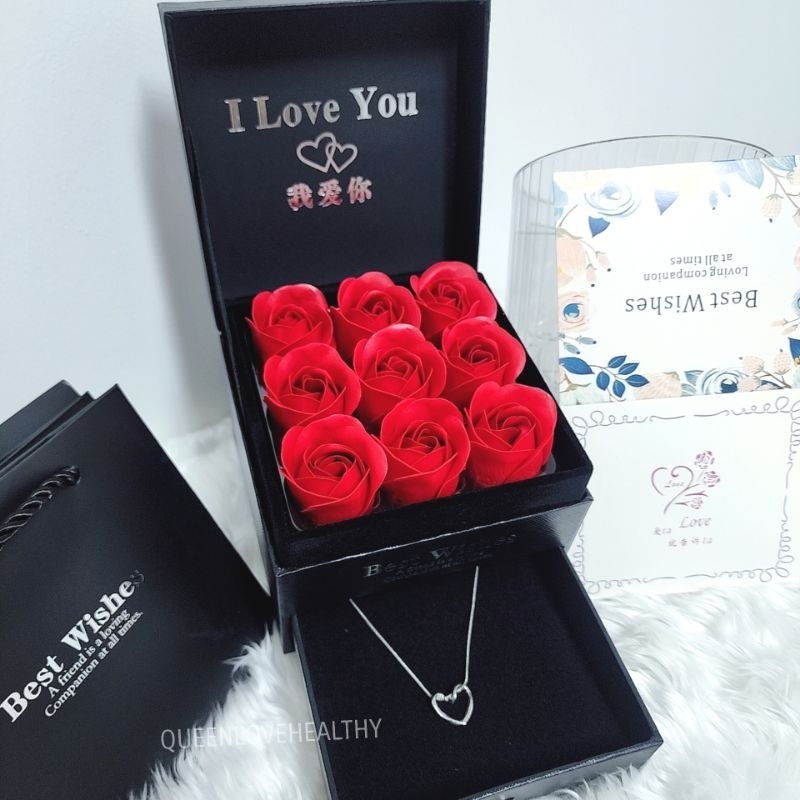 Gift set กล่องของขวัญพร้อมกุหลาบ ต้อนรับวันวาเลนไทน์ ของขวัญวันวาเลนไทน์ ดอกกุหลาบสีแดง