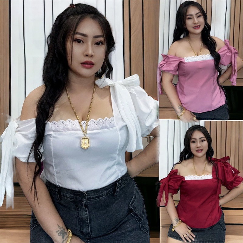 ร้านปอแฟชั่น**เสื้อผ้าสาวอวบอก 36-44 ครอปยาว แต่งระบายข้างหน้าลูกไม้
