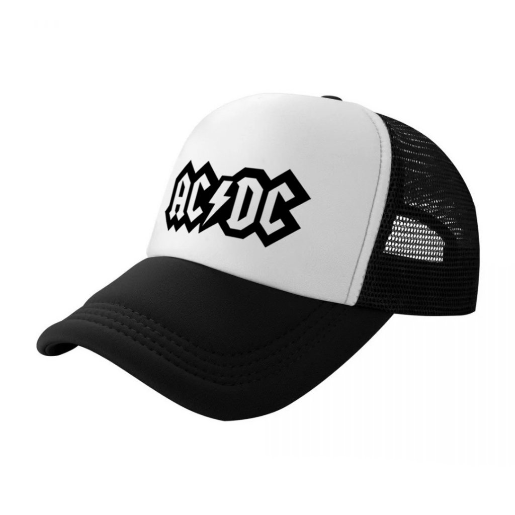 หมวกแก็ป หมวกเบสบอล หน้าบุฟองน้ำ หลังตาข่าย สกรีน AC DC  ด้วย Flex pu ขอบเรียบ สวย คมชัด