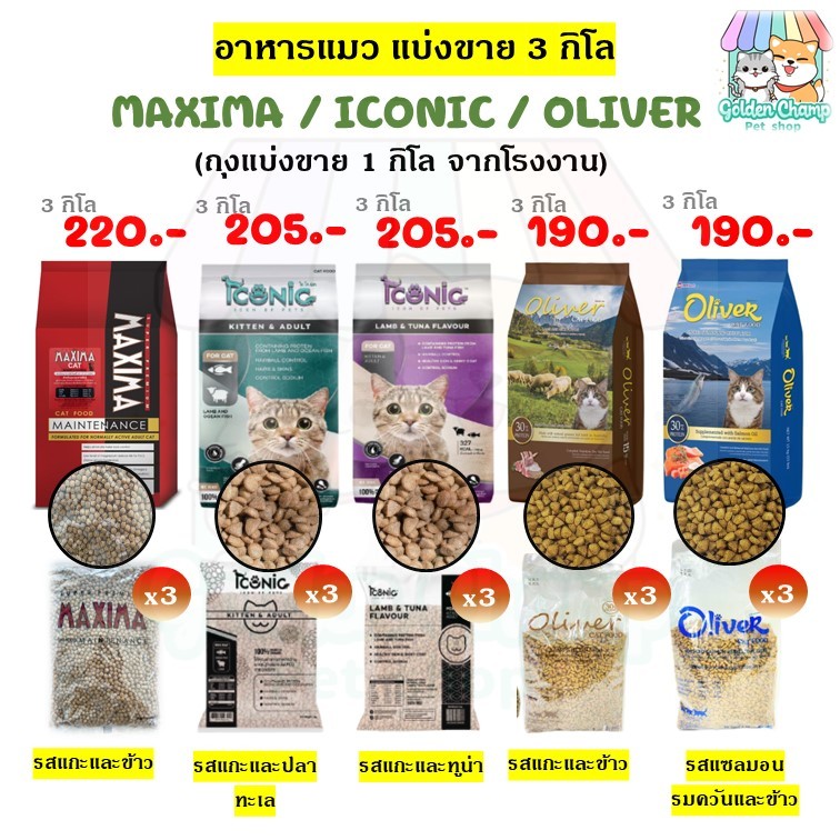 [1 กก.x 3 ถุง] อาหารแมว ไอโคนิค ICONIC ไอโคนิคแมว, อาหารแมว แม็กซิม่า MAXIMA, อาหารแมว โอลิเวอร์ OLIVER ขนาดรวม 3 กก.