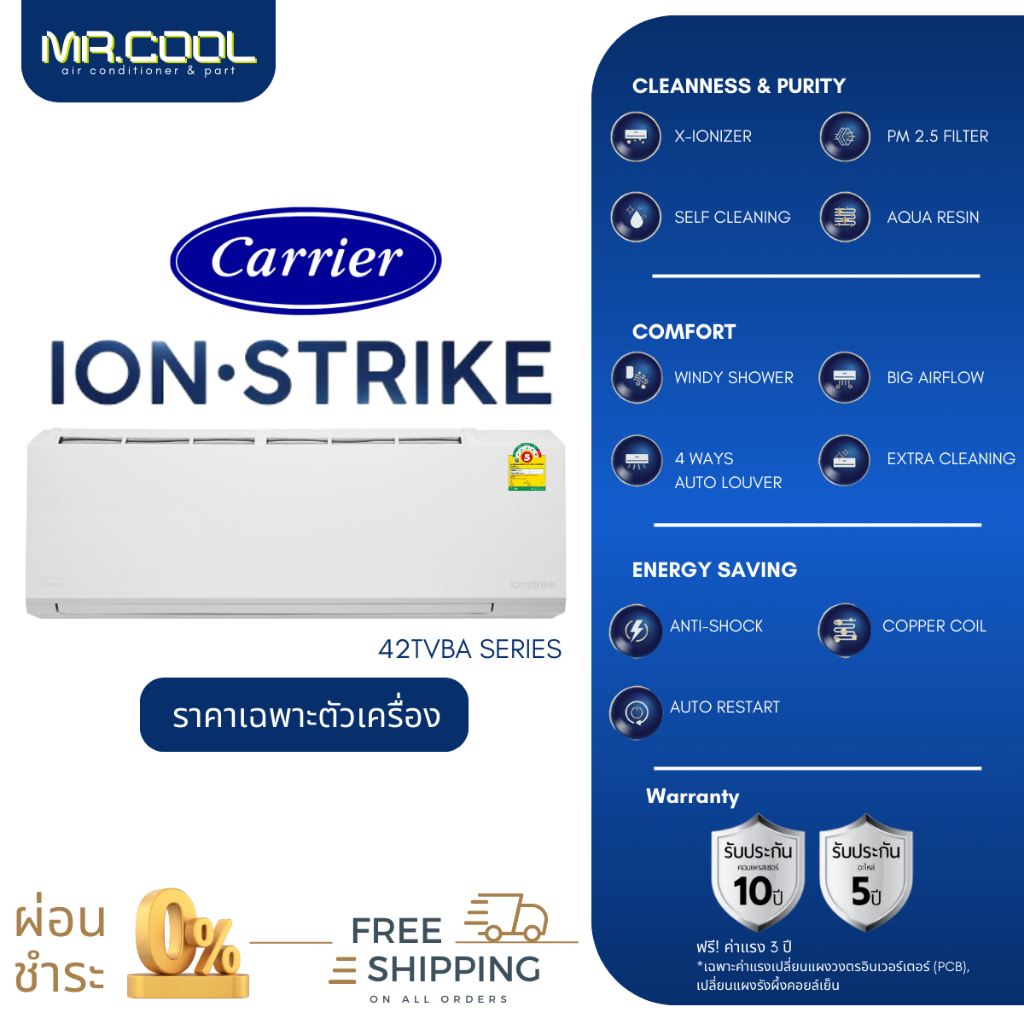 ⚡ส่งฟรี ⚡แอร์ Carrier (แคเรียร์) รุ่น Ion Strike (TVBA) ราคาเฉพาะตัวเครื่อง