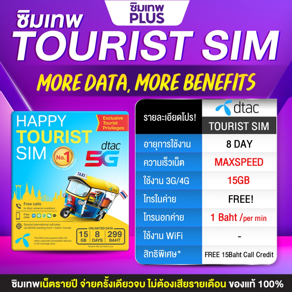 Happy Tourist Sim Dtac Enjoy 8-day ( Can be used in Thailand only ) unlimited data with 15GB at 100M