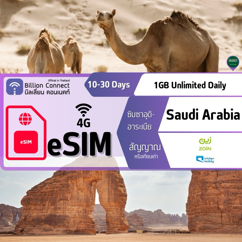 eSIM Saudi Arabia Sim Card Unlimited 1GB Daily สัญญาณ Zain SA Mobily: ซาอุดีอาระเบีย 10-30 วัน