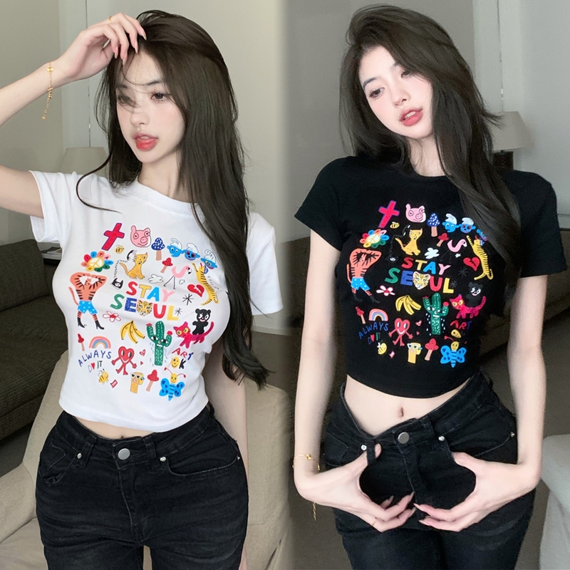 พร้อมส่ง เสื้อครอป เสื้อยืดผู้หญิง พิมพ์ลายกาตูนร์ สวมใส่สบาย #00238