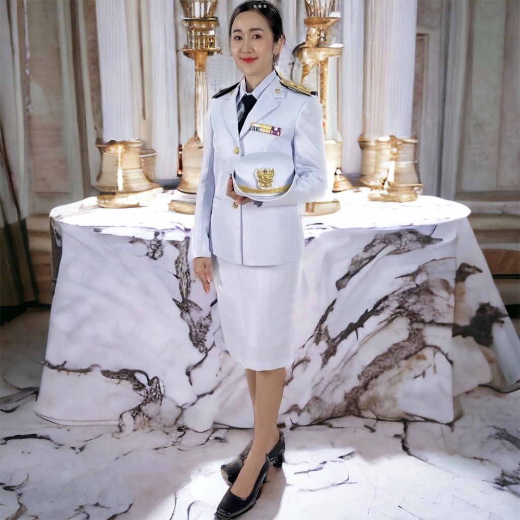 ชุดปกติขาวหญิง [ผ้าวาเลนติโนขาวโอโม่] สั่งซื้อสูท+กป