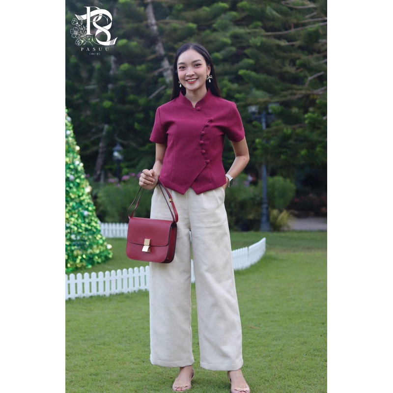 กางเกงผ้าฝ้ายเยื่อไผ่สีธรรมชาติ สไตล์ทรงคุณนาย งานซิปหลังอัดผ้ากาวทั้งตัว