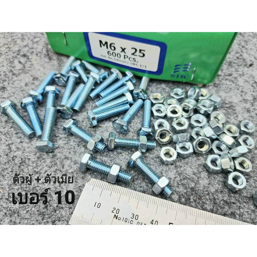 (สกรูน็อตตัวผู้+ตัวเมียมิลขาว) เบอร์10 ขนาด M6x25mm (ราคาต่อแพ็คจำนวน 50 ชุด) P1.0 AF10 เบอร์ 10 ยาว 2.5cm ยี่ห้อTNK