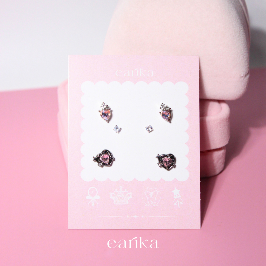 earika.earrings - blackpink soulmate set เซ็ตต่างหูหัวใจสีชมพูดำ ก้านเงินแท้ เหมาะสำหรับคนแพ้ง่าย