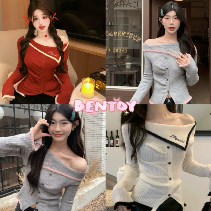 Bentoy(23912)เสื้อไหมพรมแขนยาว ปาดไหล่ แต่งกระดุมหน้า สไตล์เกาหลี