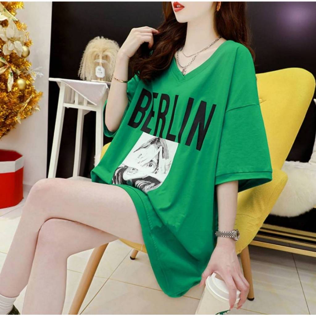 เสื้อแขนสั้นคอวี Oversize (อก 48 นิ้ว) สกีลลายคนด้านหน้า ผ้าคอตตอล สินค้าพร้อมส่ง A44