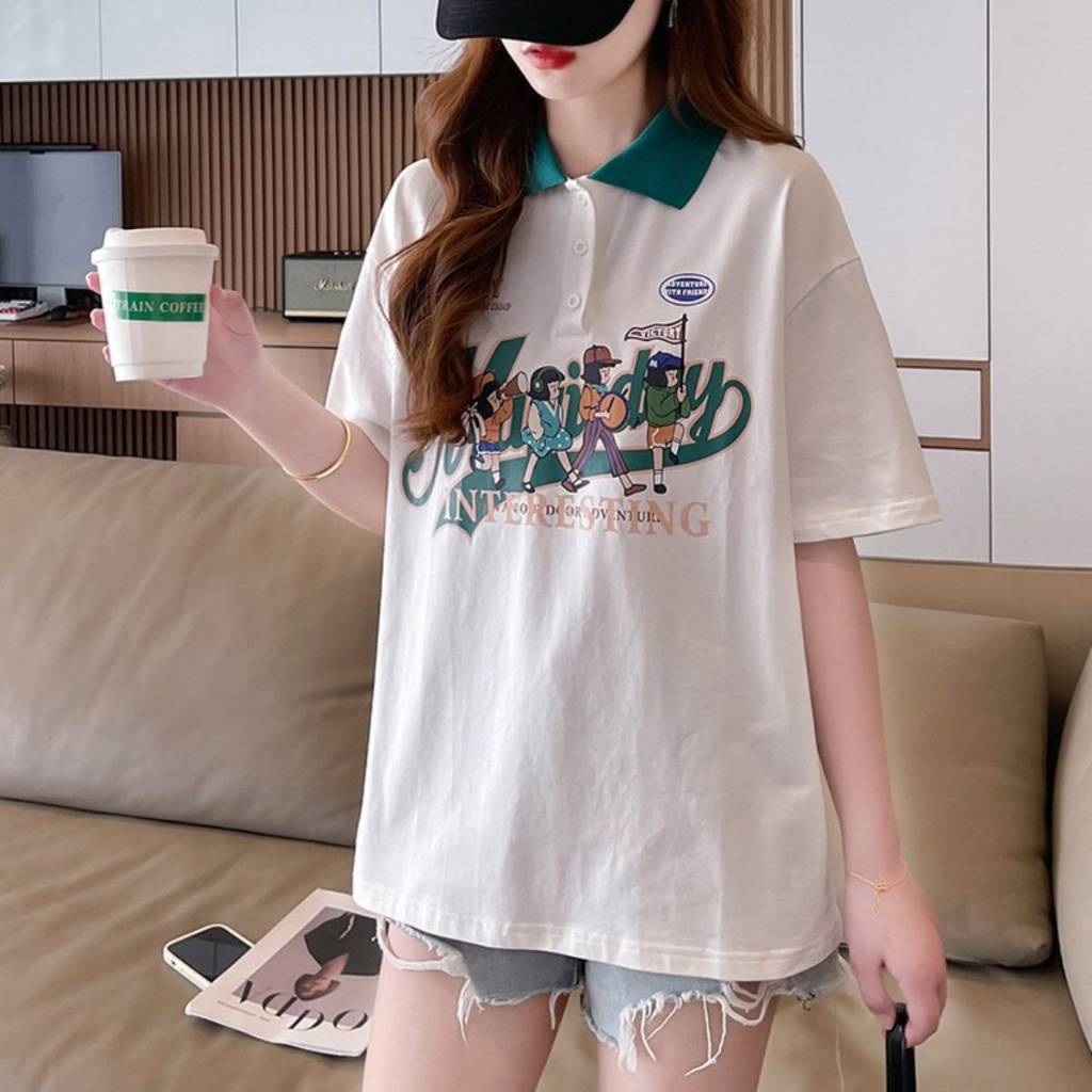 เสื้อแขนสั้นคอปกโปโล สาวอวบ สาวพลัสไซส์ อก 42-60 นิ้ว สกีลลายคน 4 คน Oversize ผ้าคอตตอล (สินค้าขายดี) A23 สินค้าพร้อมส่ง