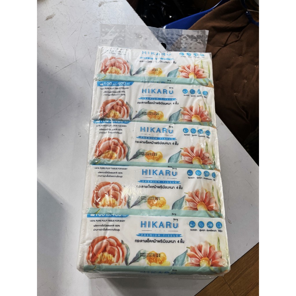 กระดาษ ทิชชู่ hikaru 1หิ้ว บรรจุ5ห่อ ห่อนึงมี100แผ่น เช็ดหน้า หนา4ชั้น นุ่ม ไร้ฝุ่น
