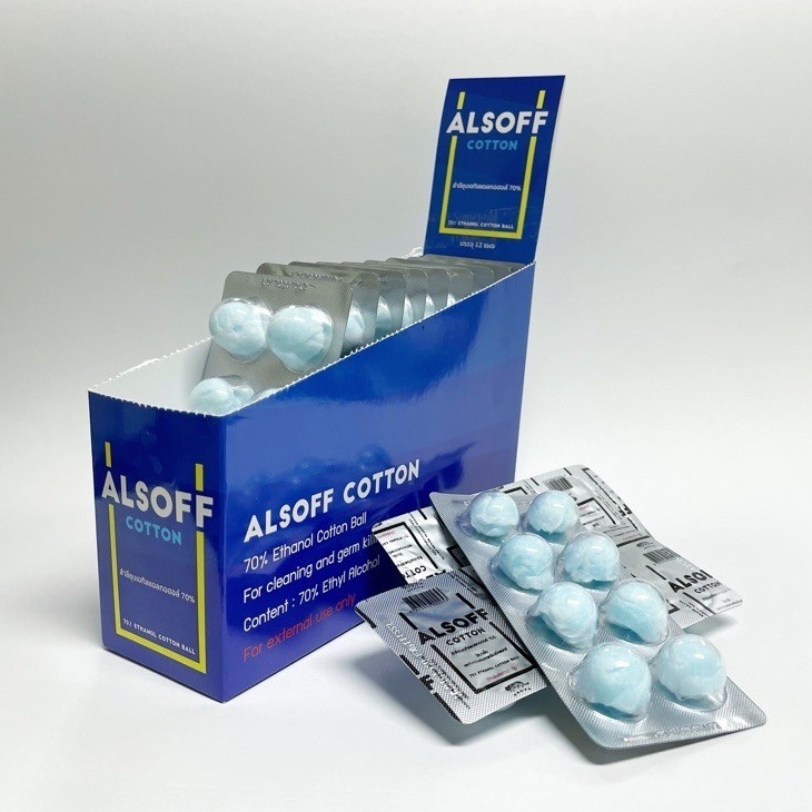(1 กล่อง 12 แผง) ALSOFF COTTON สำลีชุบเอทิลแอลกอฮอล์ 70% v/v