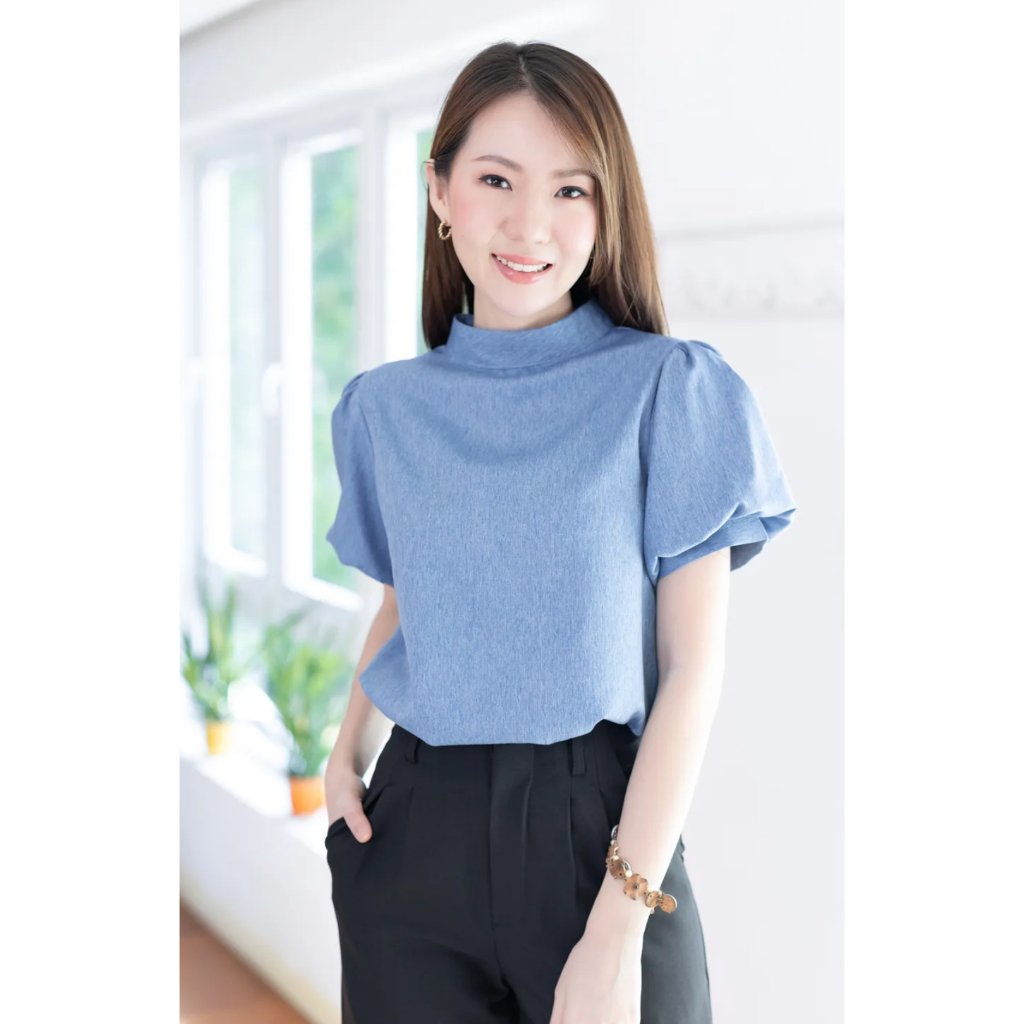 Narinari : MT0707 Balloon Sleeve Blouse เสื้อแขนบอลลูน ผ้าทอเล่นด้ายสลับสี