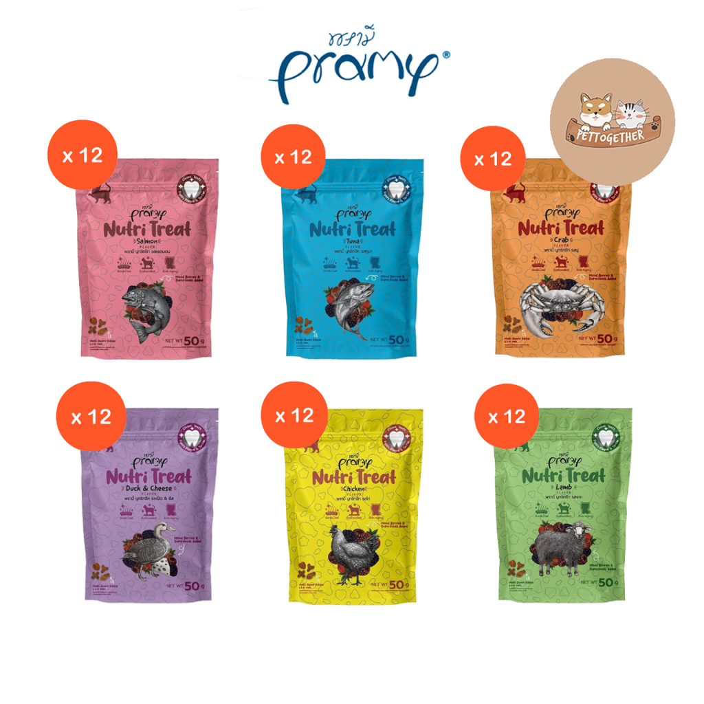 (ยกโหล) Pramy Nutri Treat ขนมขัดฟันแมว เพื่อสุขภาพ ช่วยบำรุงขน Superfood ขนาด 50 g.(x12ซอง)