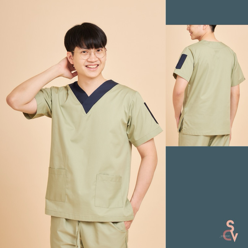 scrubvet: เสื้อสครับสีชาเขียวตัดขอบกรม (เฉพาะเสื้อ)