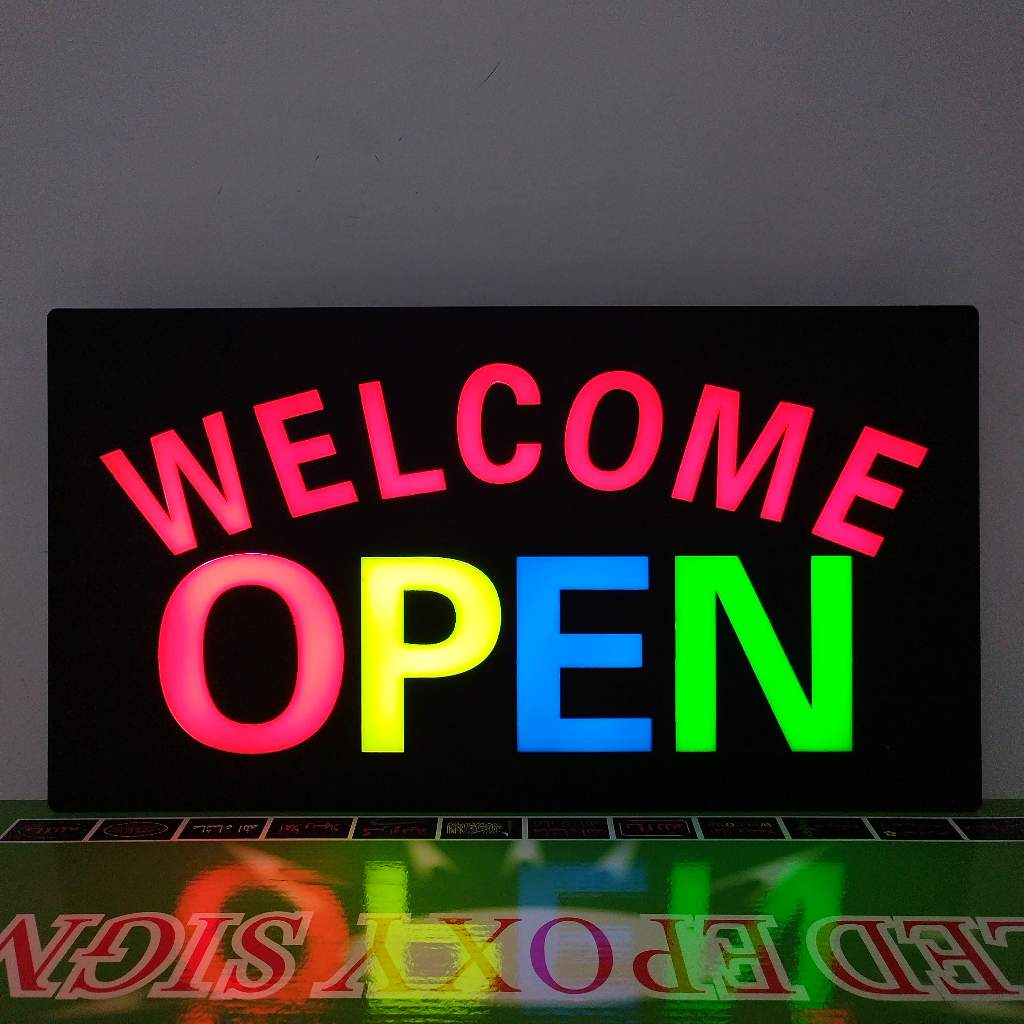 ป้ายไฟร้าน ป้ายไฟตัวอักษร ป้ายไฟวิ่ง ป้ายไฟLED ป้ายไฟนีออน ป้ายไฟ WELCOME OPEN  (ขนาด 43x23cm) สำหรับตกแต่ง