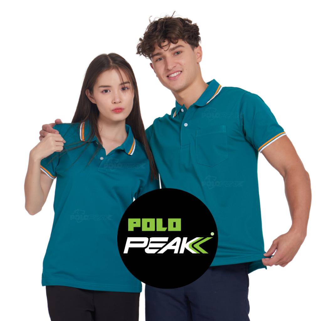 เสื้อโปโลสีเขียวหยก ปกริ้วส้มขาว polopeak