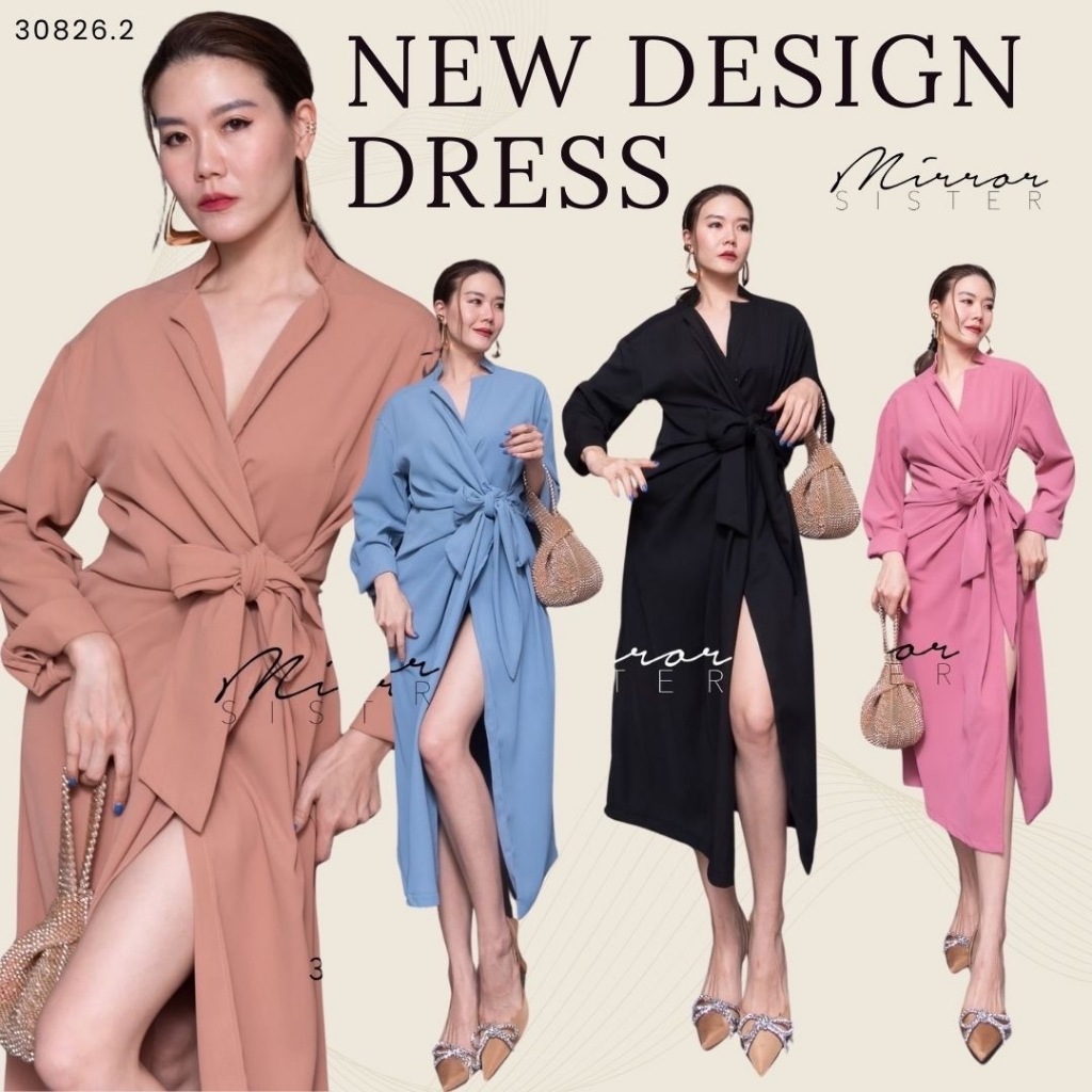 🔖Mirrorsister 30826.2 เดรสแขนยาวคอวีทรงเก๋ใส่ง่าย ผูกโบว์ที่ช่วงเอวเพื่อความเข้ารูป ผ่าแหวกโชว์เรียวขา ผ้าใส่สบาย