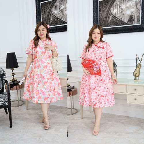 D890-0010 เดรสคอจีนพิมพ์ลาย เดรสตรุษจีน