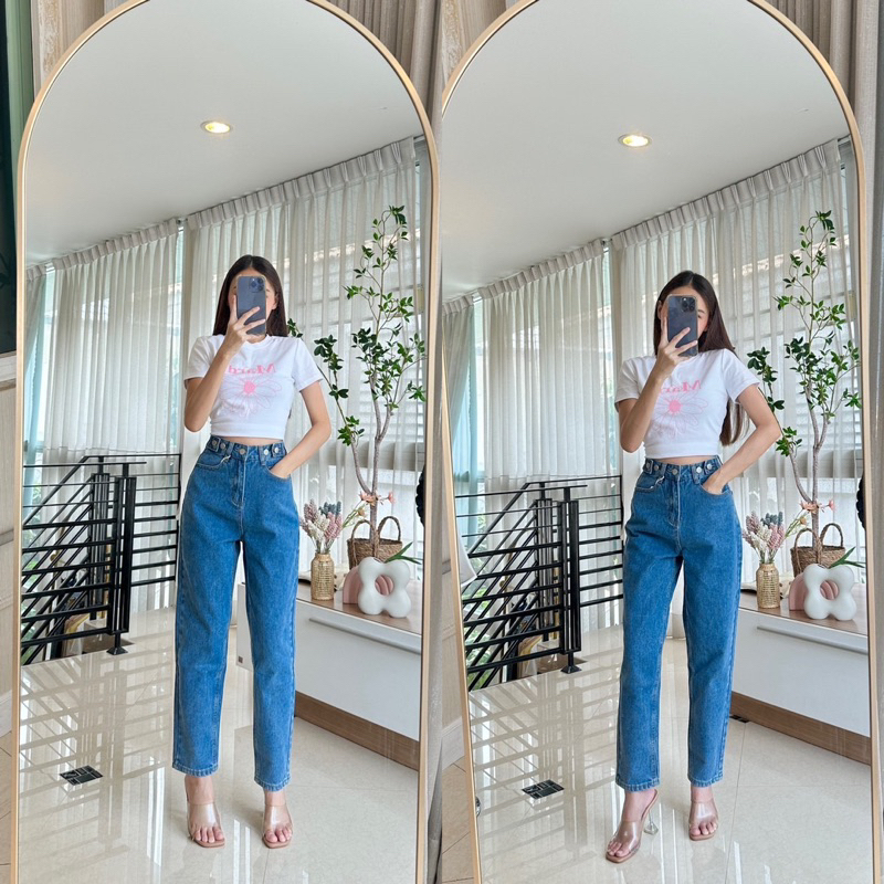 กางเกงยีนส์ทรงบอยสลิม B314 สีเข้ม ปรับขอบเอว