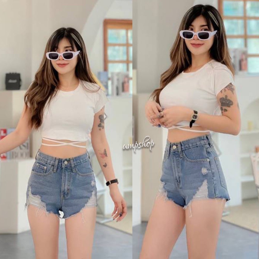 กางเกงยีนส์ขาสั้นเอวสูง สะกิดขาดหน้าสามเหลี่ยม เซ็กซี่มาก💕