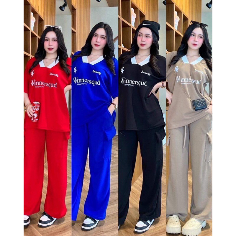 OT ชุดผ้ามูนเวฟ เสื้อแขนสั้นโอเวอร์ไซด์ สกีนลาย Winnersqud + กางเกงขายาวคาโก้กระเป๋า 4 จุด (มาแรงสุดนาทีนี้ !!)