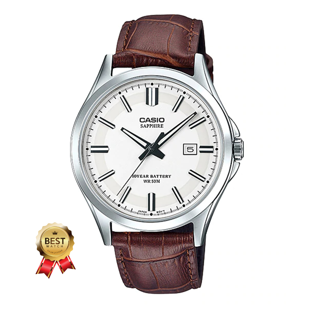 Casio Sapphire สายหนังน้ำตาล  กับ Casio MTS-100L-7A กระจกแซฟไฟร์ อุปกรณ์ครบทุกอย่างพร้อมใบรับประกัน 
