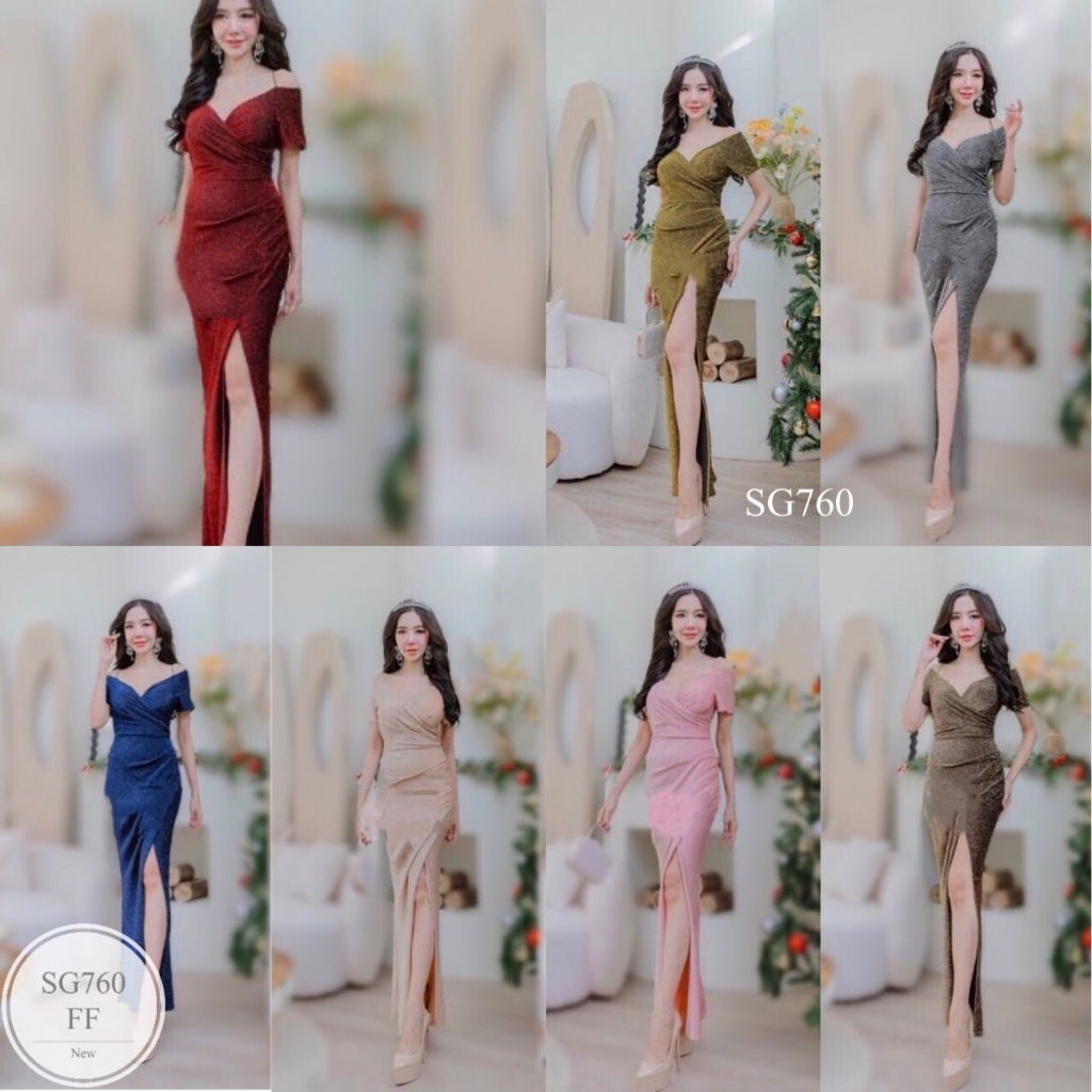 SG760  ชุดราตรี เดรสปาดไหล่ แต่งระบายผ้า เนื้อผ้ากลิตเตอร์กากเพชร ยืดเยอะ  งานมีฟองน้ำ ซิปซ่อนหลังอย