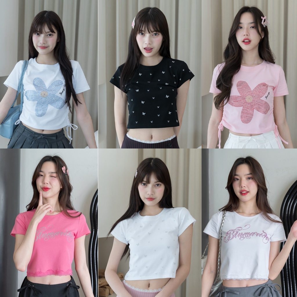 JARINYA เสื้อยืดครอปผ้าเนื้อเด้ง (งานปักเพชร สกรีนกากเพชร) สวยวิ้งๆ ไม่ย้วย ไม่หด ยับยาก ผ้าเกรดดีสุด