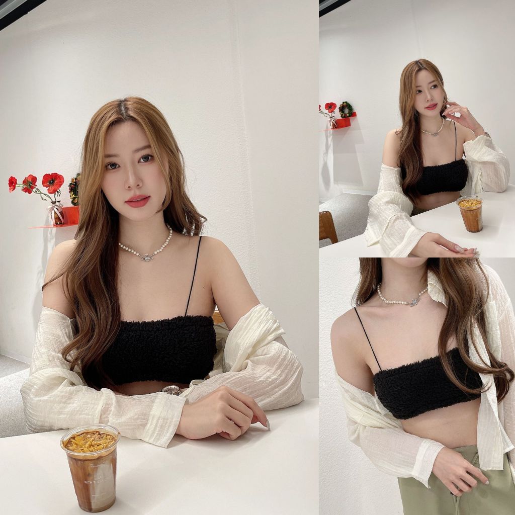 ส่งด่วน 🚨 ม่วง/ดำ 🌴 SLYQ CATHY FLUFFY CROP SINGLET TOP เสื้อครอปสายเดี่ยวผ้ายืดขนฟู